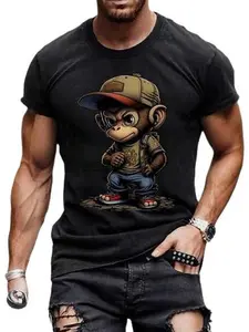 Men's Cartoon Monkey Short Sleeve T-Shirt, Menswear, Muscle Fit Slimming Design, Vintage Washed Look, Hip-Hop Trendy Casual Top