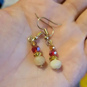 Red and Cream Costume Crystal Beaded Earrings with Gold Accent for Women