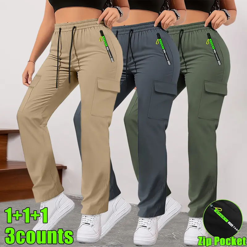 Women’s 3-pack cargo pants for spring/autumn, featuring a green colorway and zippered pockets; stylish design with large patch pockets and a drawstring elastic waistband.Casual outdoor long pants suitable for jogging and everyday wear.Summervibes