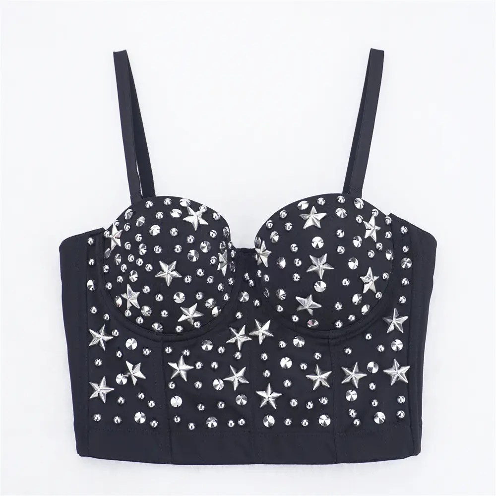 Women's Short Adjustable Strap Handmade Beaded Star Corset Tank Top - Fishbone Shaper Crop Tube Vest Innerwear for Spring Summer Wedding Party, Thanksgiving, Chinese New Year, Easter, Halloween
