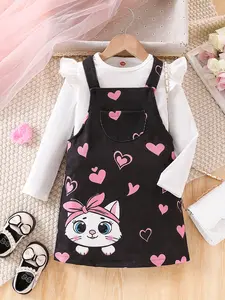 Cute Cartoon Cat Print Overalls Dress, Casual Long Sleeve Round Neck Dress for Spring & Fall, Kids Clothes for Daily Wear