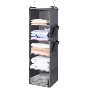 Hanging Closet Organize and Shelves，5-Hanging Shelf with 2 Side Pockets，Storage Foldable （Grey） Hangable