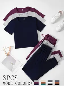 Women's Casual Homecoming Set, 3-Piece Short Sleeve Round Neck Top & Ankle-Length Pants, Comfortable Daily Wear