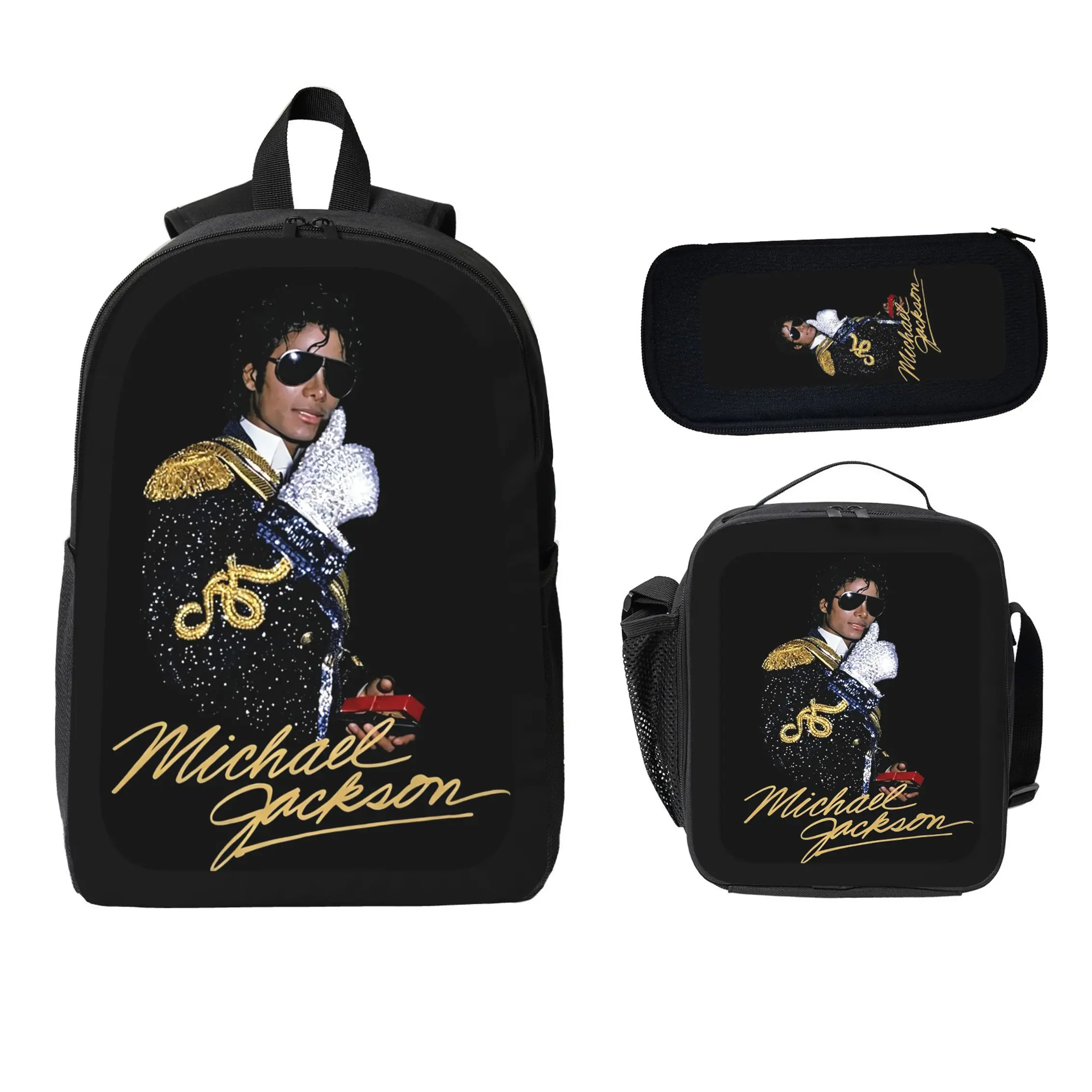 Michael Jackson Backpack Set Durable Polyester 3 Piece Bookbag Lunch Bag Pencil Case Lightweight Large Capacity Back To School Travel Daypack For Boys Girls Kids Teens Students Music Fans Viral Trendy Gift