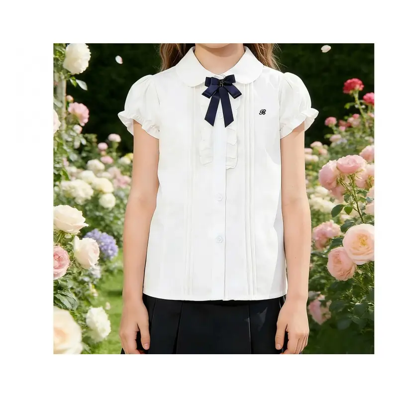 Girls' College Style Blouse, Plain Cotton Shirt with Conventional Puff Sleeve and Detachable Bow Tie, Slim Fit Top for Summer, Blouse/Shirt, Collared, Conventional Sleeve, Short Sleeve