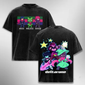 Deltarune Kris Ralsei Susie Vintage Washed T-Shirt RPG Game Graphic Tee Pixel Art Anime Merch Retro Oversized Unisex Streetwear Heavyweight Cotton Crewneck Premium Wash Tee Gamer Gift