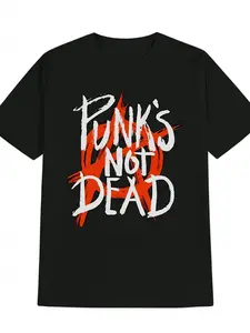 Men'S PUNK'S NOT DEAD Graphic T-Shirt - Black Casual Crew Neck Tee with Red & White Distressed Print, Perfect for Summer, Everyday Tshirt Bold Statement Shirt Stretchable Fabric