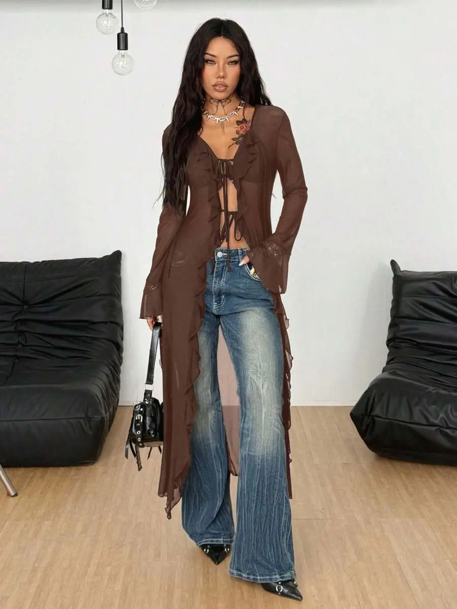 GRL Women's Fall/All-Season Rave Renaissance Fair Hippie Music Festival Gyaru Mesh Straps Ruffle Ribbon Long Coat