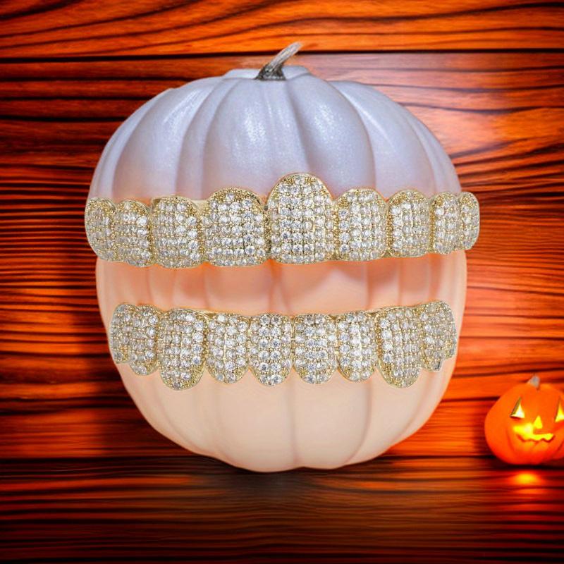 2pcs/ Set Hip Hop Cubic Synthetic Zirconia Teeth Grills Punk Tooth  Cosplay Rapper Jewelry Glittering Hip Hop Cubic Synthetic Zirconia Teeth Grills - 20pcs Top & Bottom Set for Rappers  Instantly   gold  teeth  cap Oral