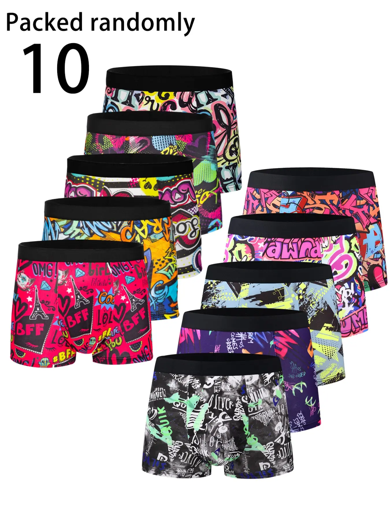 Trendy Graffiti Men's Briefs 10-Pack, High Stretch Fabric, Graphic Street Art Print, Comfortable Skin-Friendly, Casual Fitted Style, Streetwear Underwear, Boxer Briefs, Underwear Boxers, Print Boxershorts, Undergarments