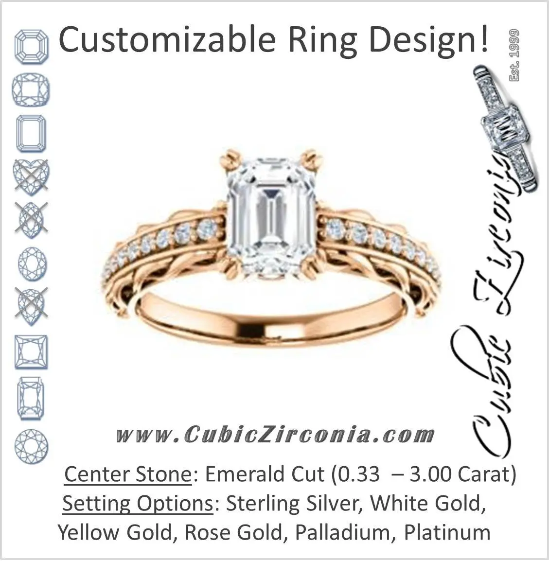 Cubic Zirconia Engagement Ring- The Melody (Customizable Emerald Cut Style with Lacy Filigree Metal Band Plus Pavé and Peekaboo Accents)