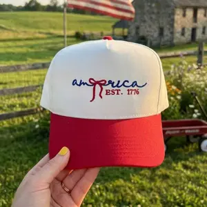 America EST. 1776 Embroidered Hat, Red White Baseball Cap, Patriotic Bow Gift