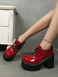 Women's 10CM Comfortable Casual Height Boost Chunky Block Heel Platform Oxford Shoes (4CM Platform+10CM Heel) | Gothic Sweet Cool Y2K Lolita Style | Patent Leather, Heart Decor, Lace Up, Round Toe, Non-Slip Sole | For Party, Nightclub, Festival, Date, Cos