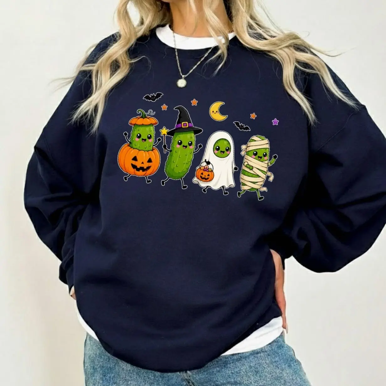 Pickle Halloween Sweatshirt, Costumed Pickles Graphic Crewneck, Funny Fall Gift for Pickle Lovers