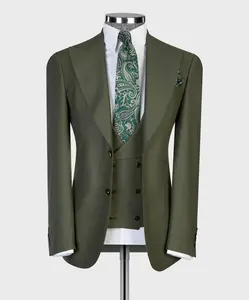 Imperial Olive Three-Piece Suit | Wide Peak Lapel & Double-Breasted Waistcoat
