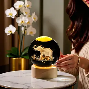 Elephants Gifts for Women Men 3D Elephant Crystal Ball with Wooden LightBase Glass Figurines Decor for Elephants Lovers on Christmas Valentine's Day Birthday
