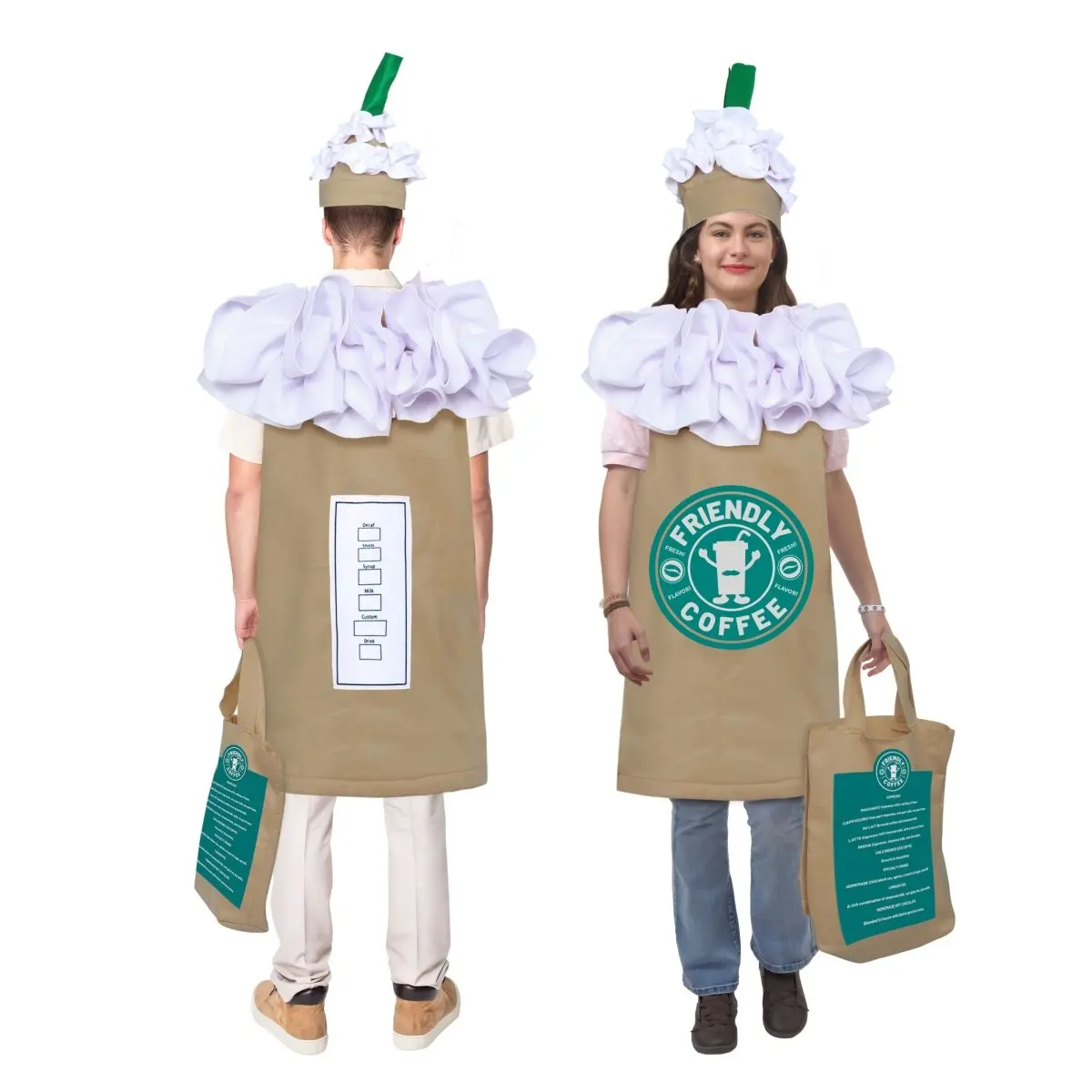Frappuccino Costume for Adults | 3-Piece Set with Tunic, Hat & Bag – Funny Starbucks Style Costume - For Role Play, Theme Party & Cosplay