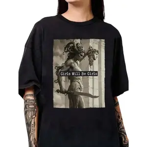 Cinly Women's Black Plus Size Oversized Trend Cardigan-Tee, Medusa And Perseus Head Print, Round Neck, Short Sleeve, Chiffon Athletic Tops, Fits Summer Daily Casual Wear, Great Gift For Family