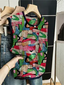 Spring and summer bohemian style casual loose crew neck sleeveless hollow color-block trim khaki, Womenswear, art graffiti print women's knitted top for spring and summer, summer women's outdoor top vest blouse