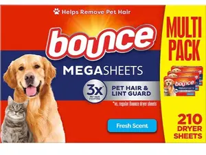 Bounce MegaSheets Pet Hair & Lint Guard Dryer Sheets, Fresh Scent, 210 Count (3 Boxes Inside)
