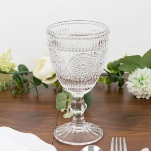 6-Pack Vintage Embossed Glass Goblets 11oz – Clear Floral Pattern Wine & Cocktail Glasses