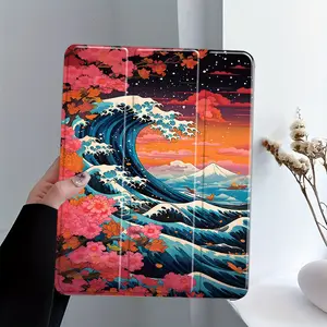 Japanese Ukiyo-e Wave Sakura Design iPad Case, Tablet Accessories, Tablet Protective Cover, Transparent Acrylic Back With Pencil Slot, Suitable for iPad models, Scratch-resistant Ultra-thin, Shock-resistant, Suitable for office, home