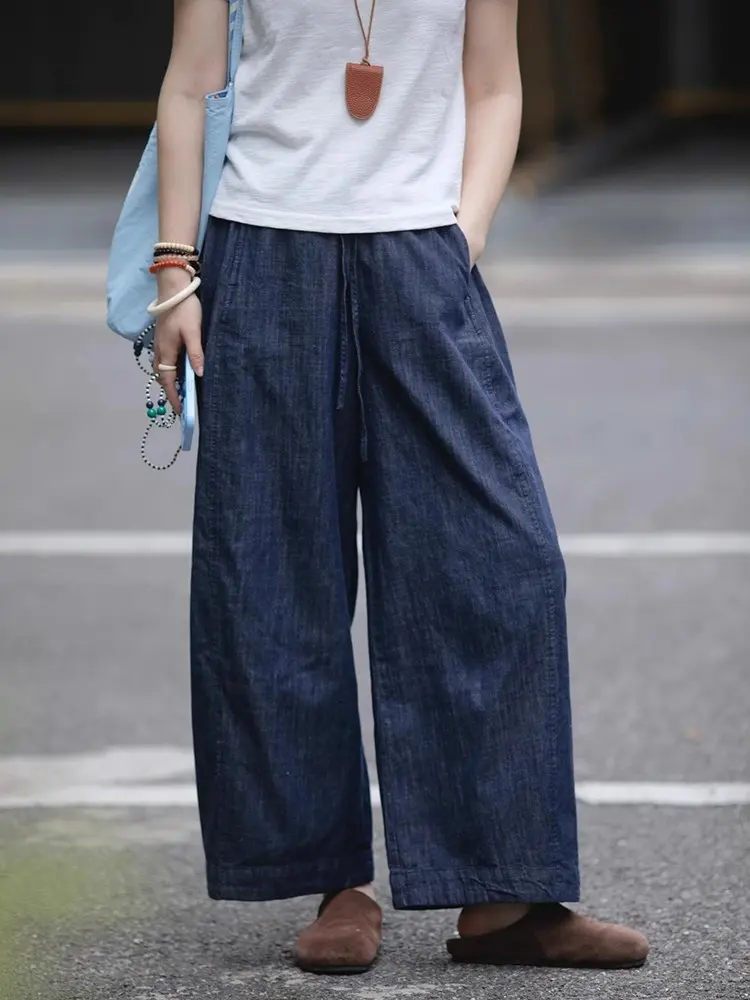 Japanese Wide Leg Jeans for Women Summer 2025 – High Waist, Hip-Covering, Cotton and Linen Straight Leg Pants for Pear-Shaped Figures