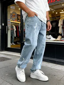 SRETOUU Street Style Men Lightning printed Light Blue Loose Jeans Fashion Streetwear Men's Straight Denim Pants Menswear Baggy Cotton