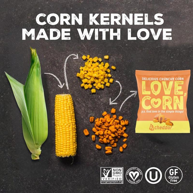 LOVE CORN Cheddar 0.7oz x 20 bags - Delicious Crunchy Corn - Healthy Family Snacks - Gluten Free, Kosher, NON-GMO - Alternative for Chips, Nuts, Crackers & Pretzels - Perfect for Charcuterie Boards Traditional Crispy
