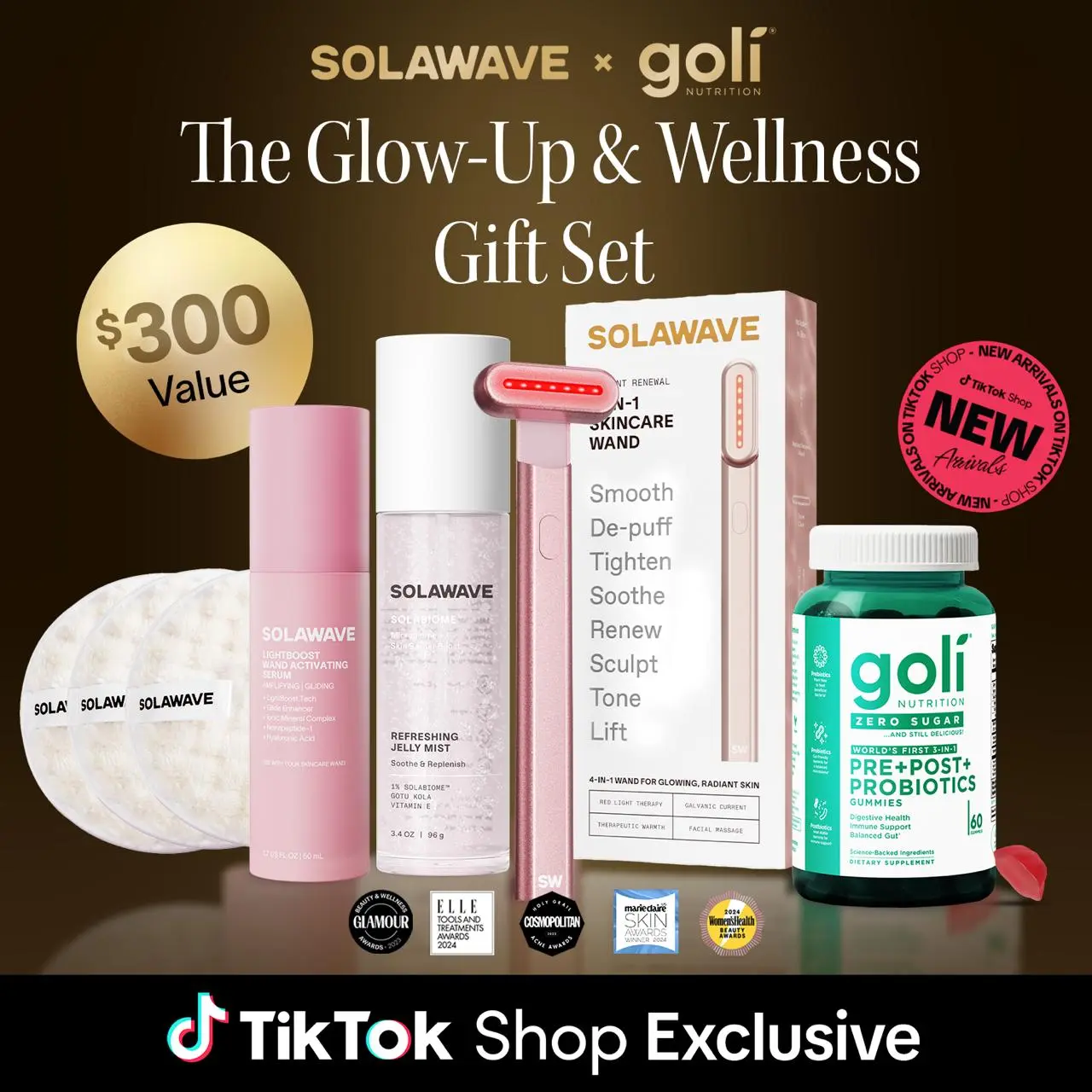 Glow-Up & Wellness Gift Set: Solawave 4-in-1 Radiant Red Light Renewal Wand, Solabiome Jelly Mist, Activating Serum, Makeup Removal Pad & Goli Zero Sugar Pre-Post-Probiotic Gummies. Limited Edition Vegan, Non-GMO, Gluten-Free, Therapeutic & Rejuvenating