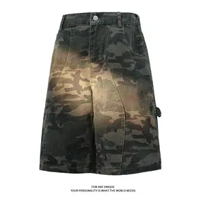 Men’s summer streetwear camouflage patchwork straight-leg denim shorts, American wide-leg style, versatile casual shorts—fashionable, comfortable, high quality. #SummerVibes