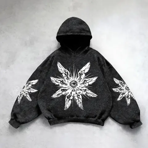 Men's Casual Hooded Long Sleeve Knit Sweatshirt with Unique Wing Eye Graphic Print, Comfortable Loose Fit for All Seasons, Perfect for Leisure & Sports, Aesthetic Hoodie, Knitwear Hoodie