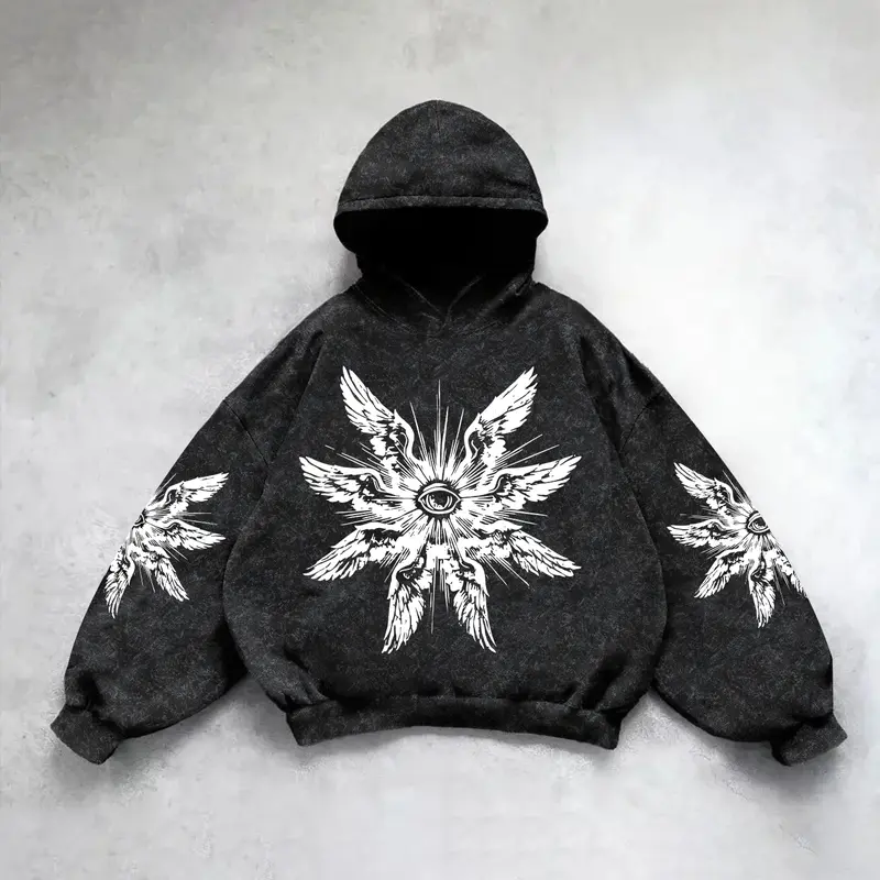 Men's Casual Hooded Long Sleeve Knit Sweatshirt with Unique Wing Eye Graphic Print, Comfortable Loose Fit for All Seasons, Perfect for Leisure & Sports, Aesthetic Hoodie, Knitwear Hoodie