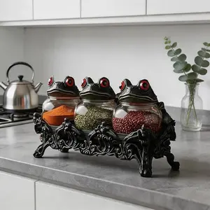 Handcrafted witch frog potion maker seasoning jar, a three-piece frog seasoning jar, capable of holding salt, pepper and herbs. Gothic food storage container, with a lid, witch kitchen storage decoration, home decoration.