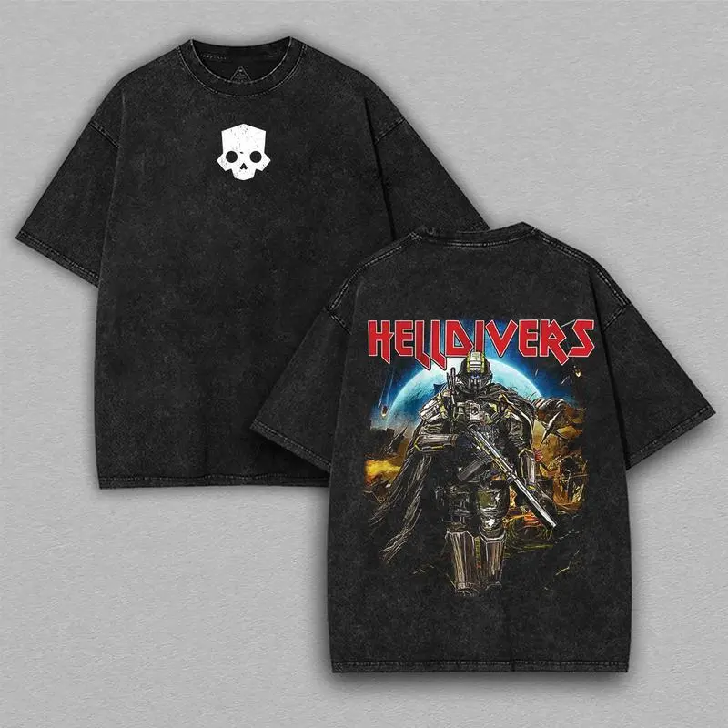 Helldivers 2 Skull Game Washed Tshirt Oversize 2 Sided Cotton unisex  game movie merch Streetwear helldivers shirts men