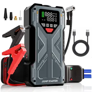 Portable car starter and air compressor, 150PS car battery starter battery pack (10.0 liters gasoline/8.0 liters diesel), 12V car jumper box, car battery jumper wire, large-sized LCD display screen, 3 lighting lamps, power battery charger, tires, vehicles