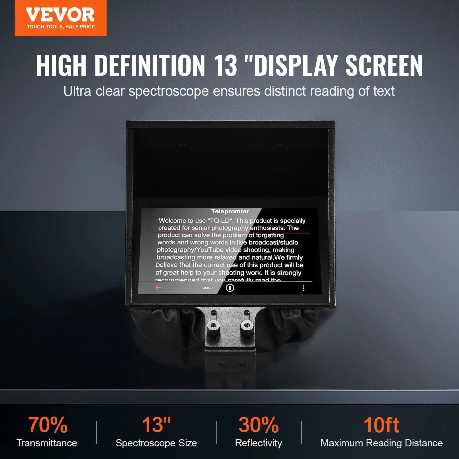 VEVOR 13-in Floor-Type Teleprompter with Remote Scrolling Device, 70% Transmittance Glass Screen, Bluetooth, High-Definition, Universal Phone Clamp, Supports Devices Up to 13-in, Compatible with DSLR, Webcam for Live Streaming, Streamer Setup