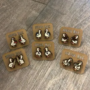 Teacher Goose Stud Earrings – Back to School Geese with Books, Apples & Supplies – Laser Cut Wooden Earrings