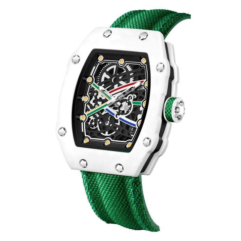 Men's Carbon Fiber Skeleton Tonneau Watch, Red Nylon Strap, Sporty Quartz Wristwatch