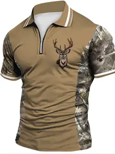 Men's Camo Polo Shirt with Deer Logo, Quick-Dry Zipper Design, Outdoor Fashion, Wild Style, Perfect for Hiking & Casual Wear