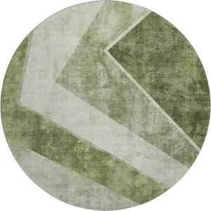 HomeRoots 655570 8 ft. Olive Green, Gray & Silver Geometric Transitional Washable Round Area Rug with UV Protection