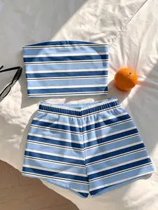 Striped bandeau shorts set – womens slim fit summer beach outfit in blue & white