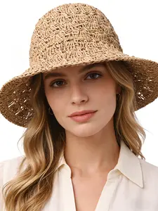 Women's Summer Sun Hat, Breathable Cotton Linen Fisherman Cap, Vintage Texture Crochet Straw Hat, Handmade Knitted Beach Shade