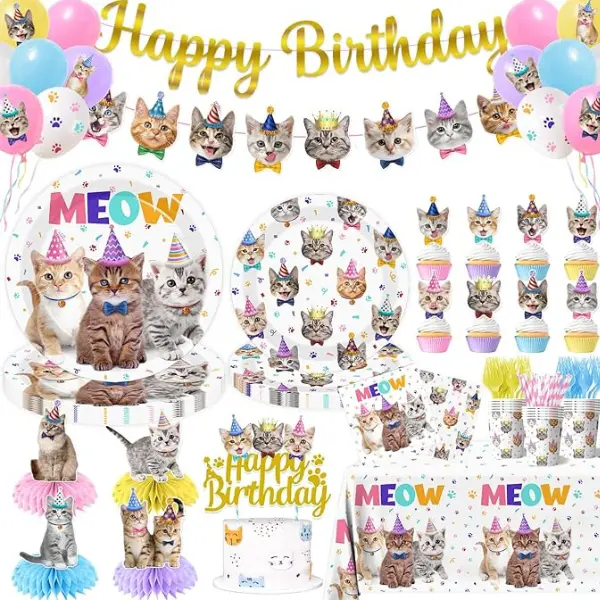 189PCS Cat Birthday Party Decorations – Cat Party Supplies with Plates, Napkins, Cups, Tablecloth, Balloons, Cake Topper, Hanging Swirls & Centerpieces