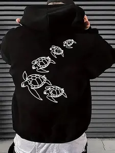 Men's Cartoon Turtle Print Drop Shoulder Thermal Lined Hoodie, Fashion Casual Regular Fit Drawstring Pocket Hooded Sweatshirt for Daily Holiday Wear, Men Clothes for Spring & Fall