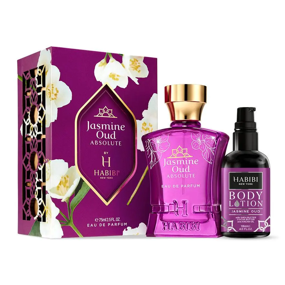 HABIBI NEW YORK Jasmine Oud Body Care Set for Women - Smooth Shea & Cocoa Moisturizers, Fragranced Body Lotion, Scented, Argan, Floral, Golden