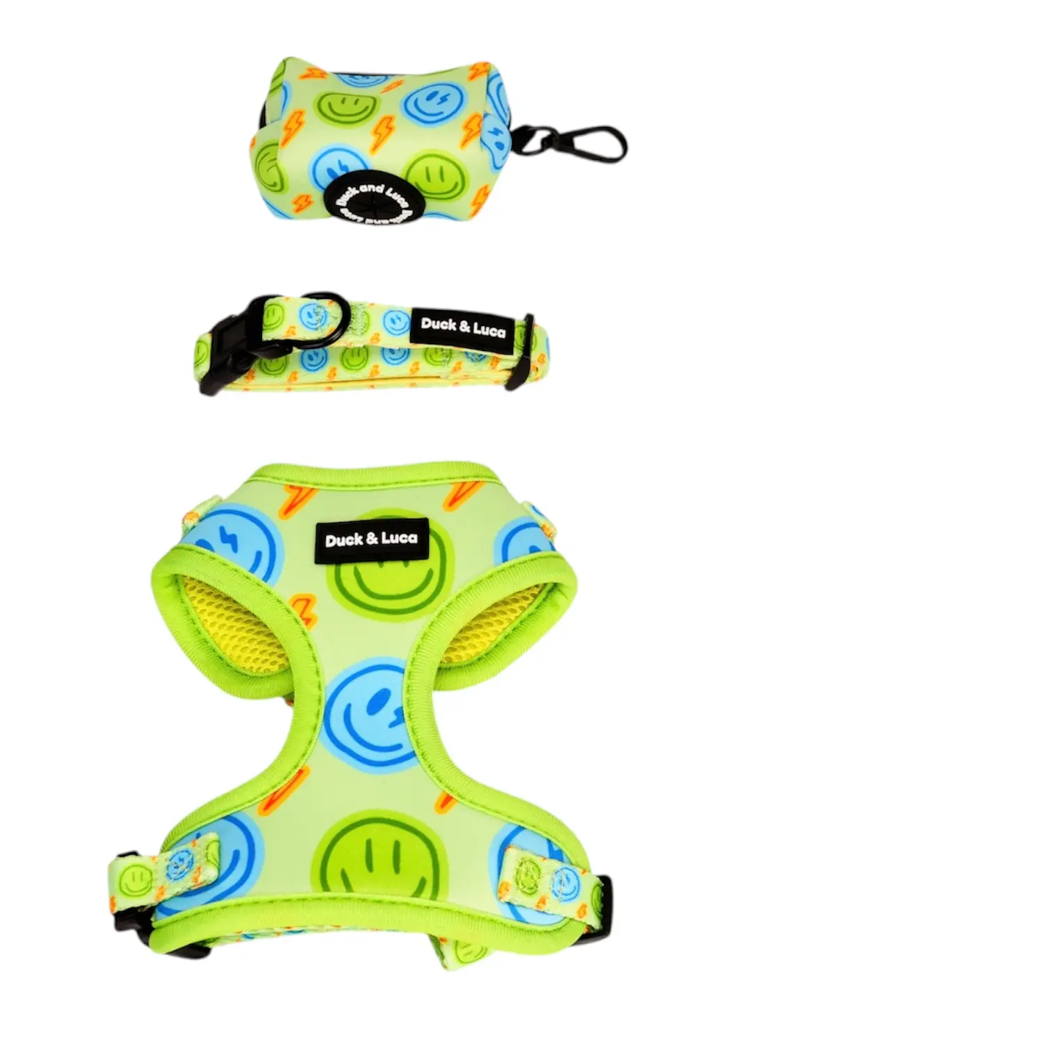 Duck & Luca 4-Piece Pet Bundle - Neon Lime Happy Face Design for Dogs - Includes Harness, Leash, Collar, and Poop Bag