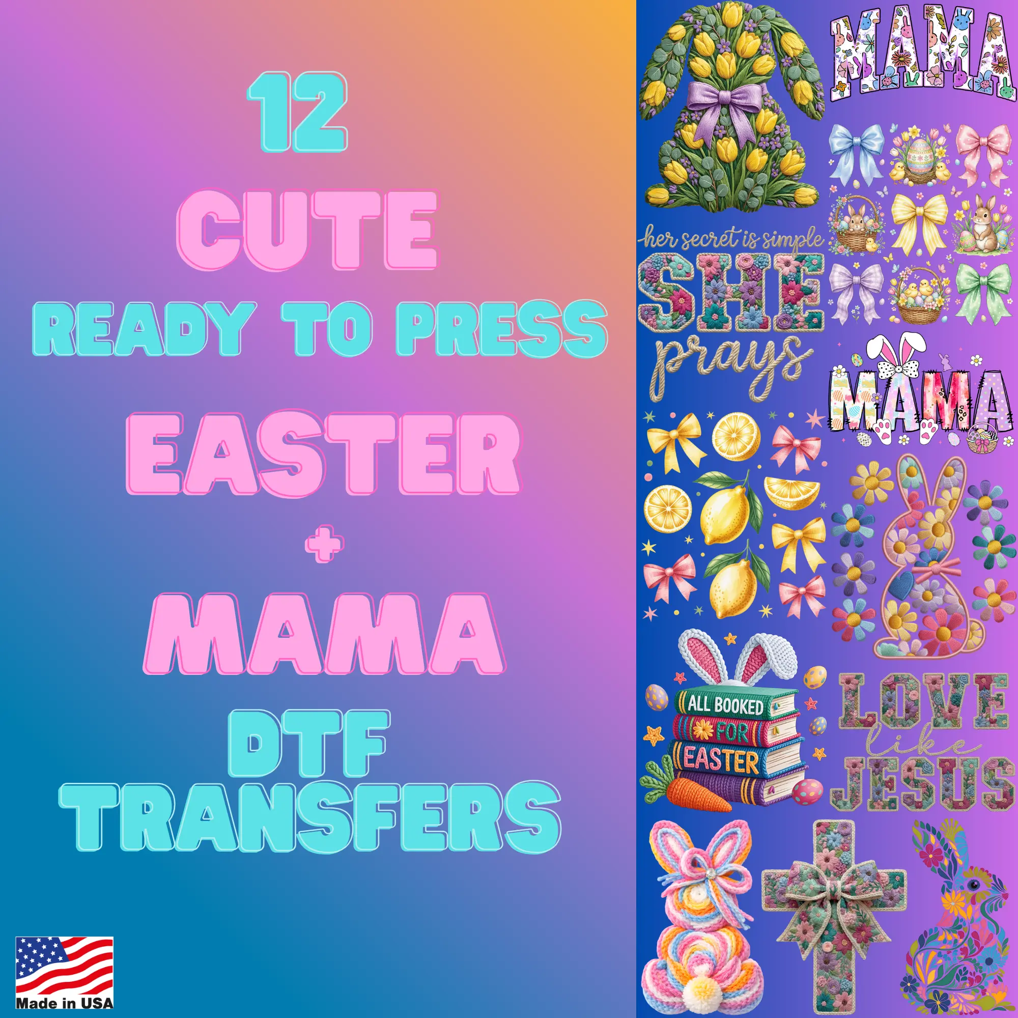 Easter Mama DTF Gang Sheet 22.5x60 Ready to Press 12 Cute Transfers Trendy Spring Designs for T-Shirts Hoodies & More