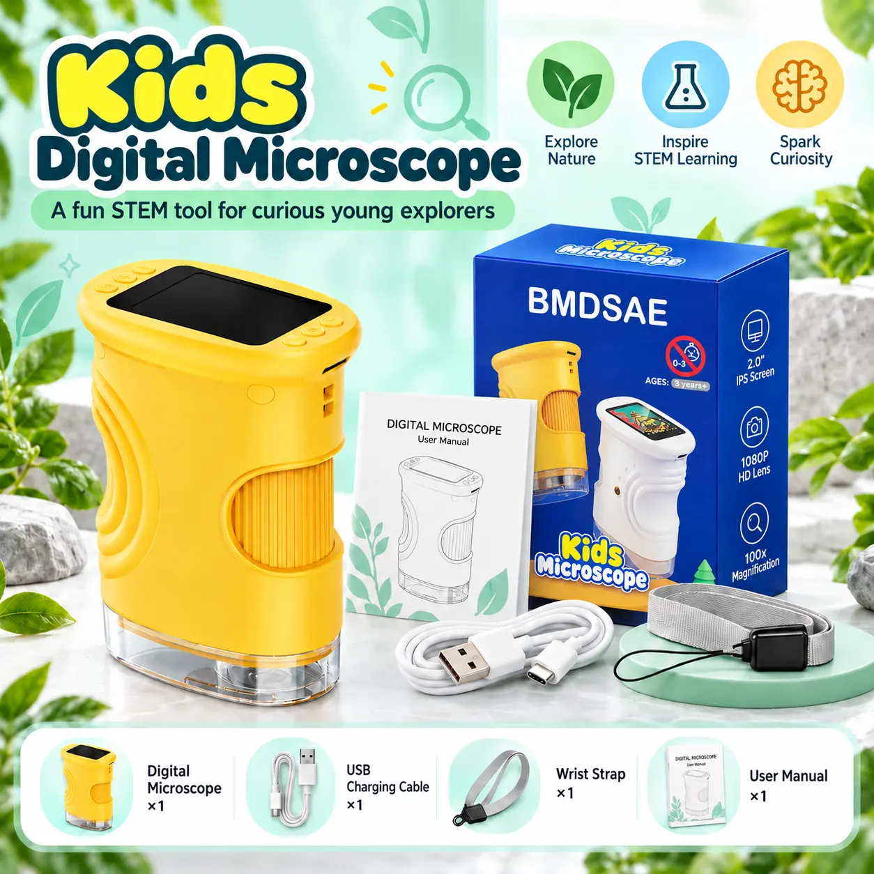 STEM Digital Microscope for Kids, 1080P HD Handheld Science Learning Toy with 2.0-inch IPS Screen, 100X Magnification, PC Connection, Rechargeable Educational Microscope