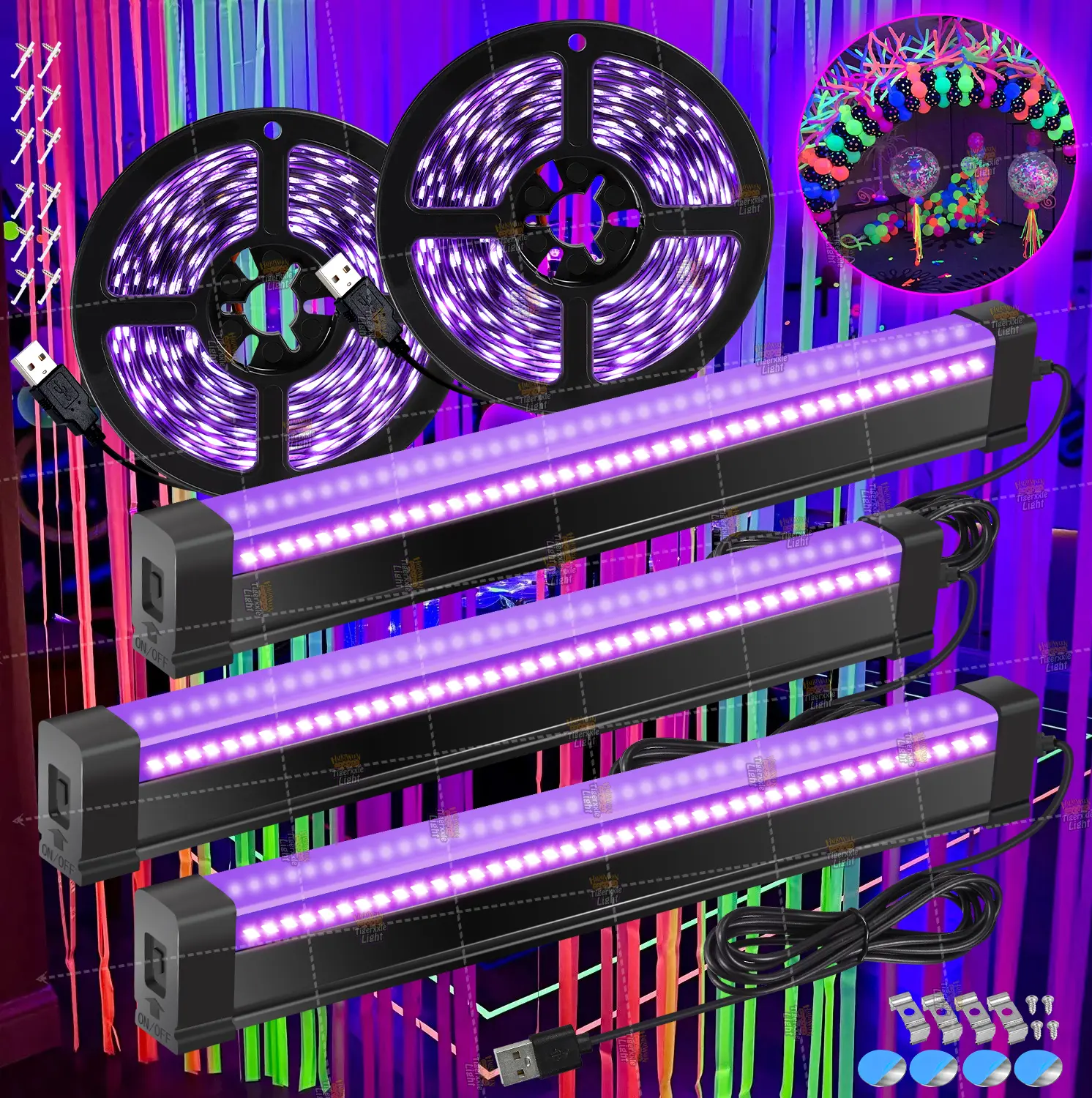 5V USB Powered Black Light Combo Set - 2 Pack 2.5M/8.2ft LED Strips, 3 Pack 32cm/12.6inch Magnetic Bars, for Halloween, Glow in Dark Paint, Bedroom Decor, Fluorescent Posters, Vaseline Glass DIY Design Lamps